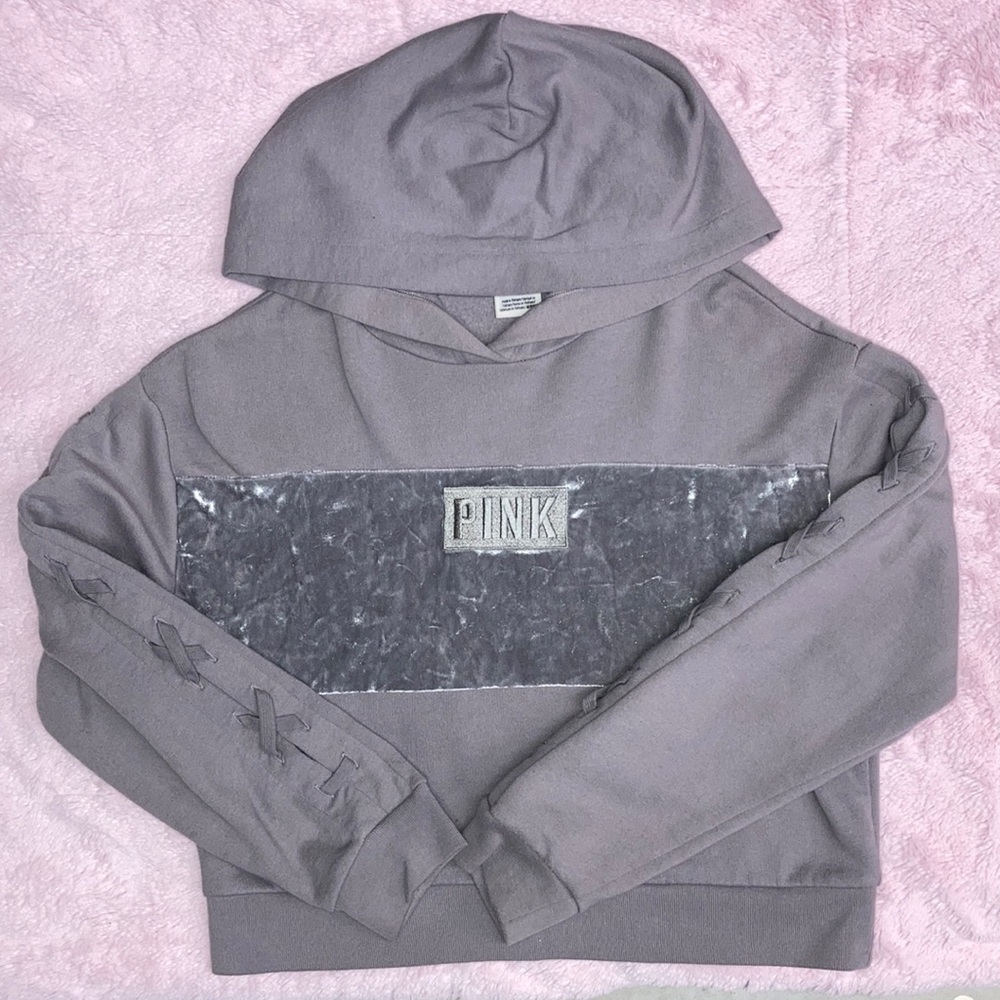 Victoria secret pink xs  grey hoodie velour stripe laced sleeves